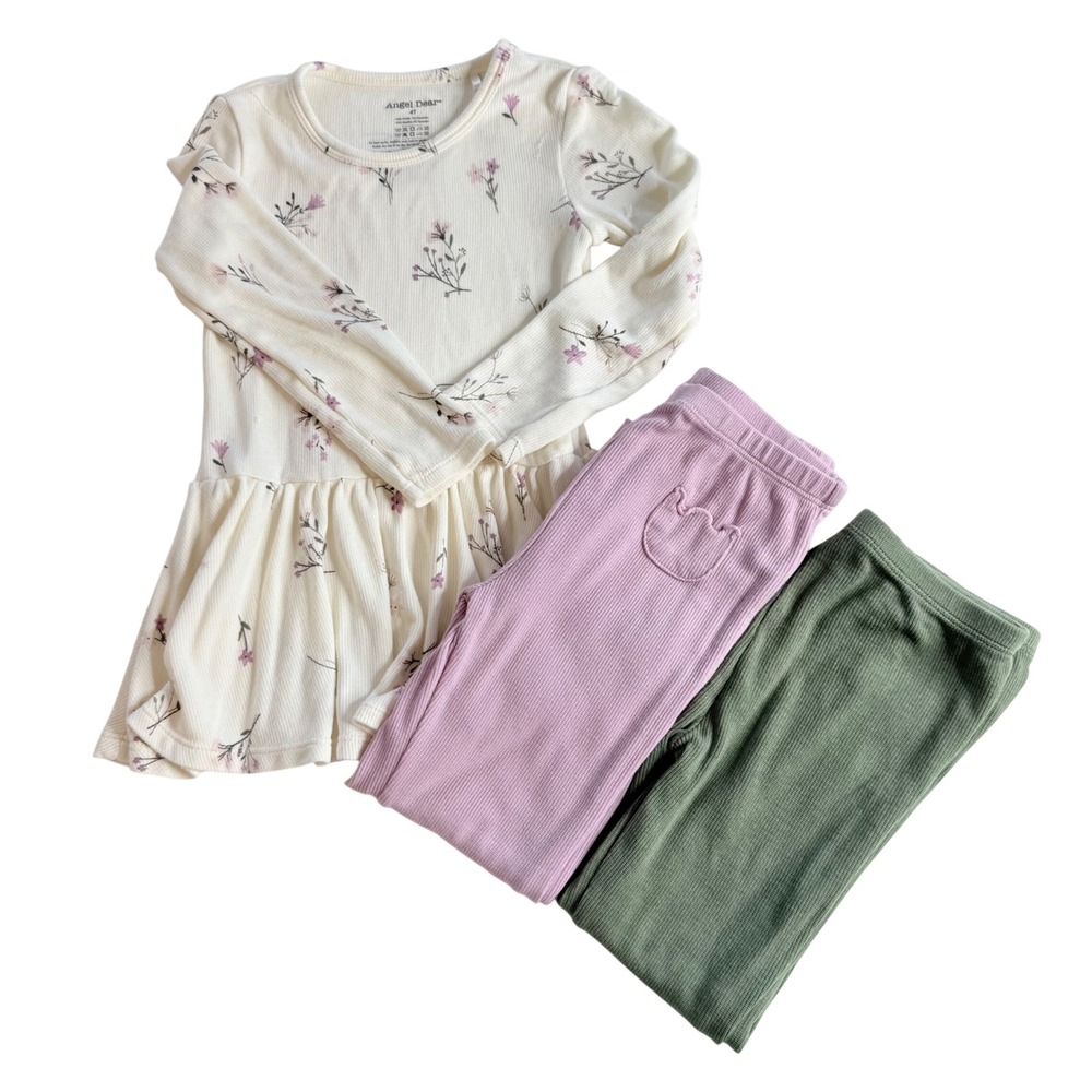 Angel Dear Tunic Leggings Set Kids 4T Floral Cream Lavender Sage Ribbed Modal
